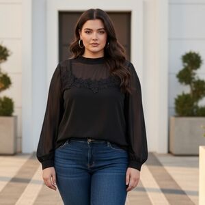 Ashley Taylor All Black Blouse 26 Lloral Appliqué /Sheer Longsleeved NWT